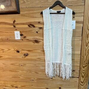 I.N. Studio Crochet Vest Duster Open Front Long Fringe Bohemian Festival Small